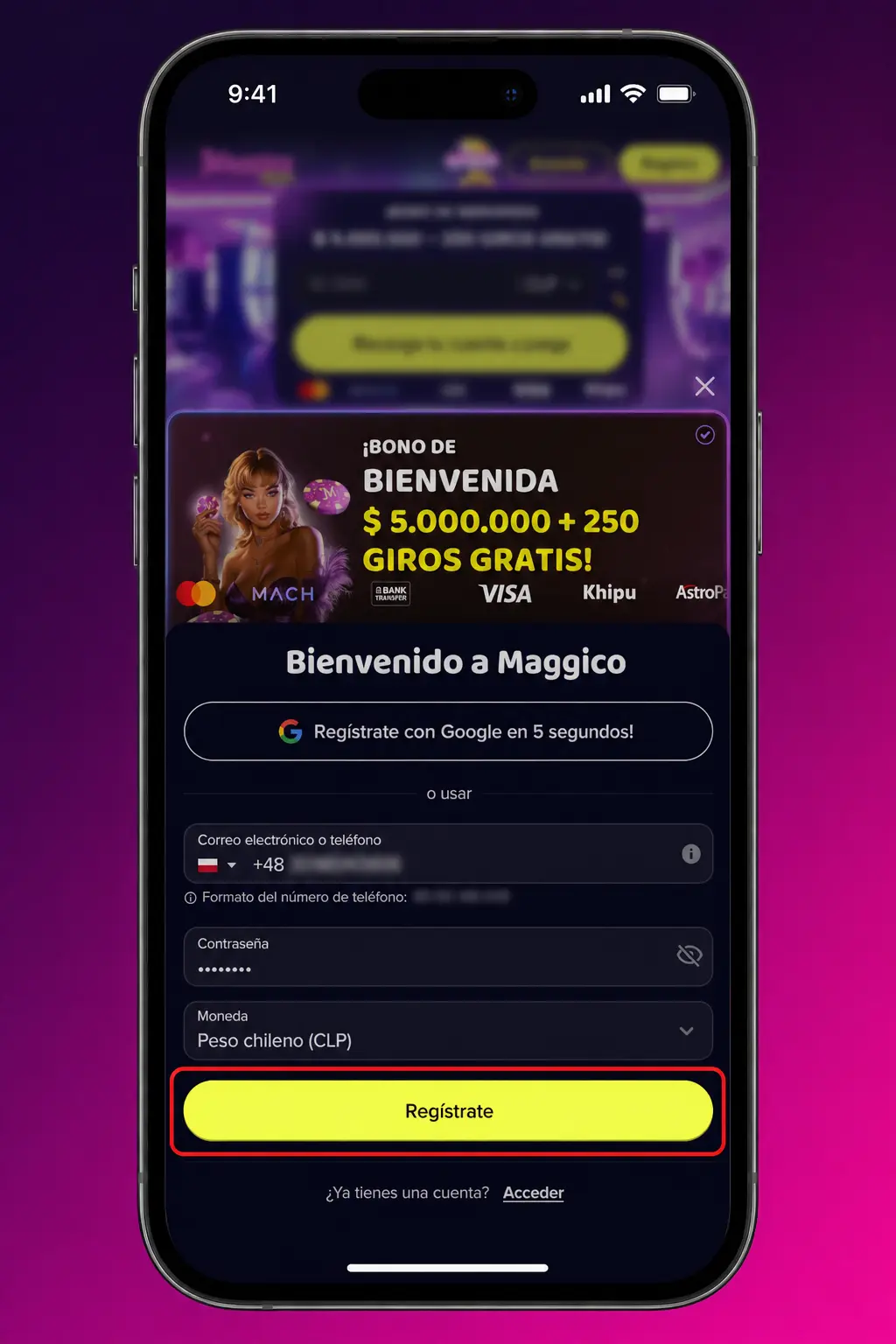 Formulario para crear cuenta en Maggico con datos personales, contacto y contraseña segura