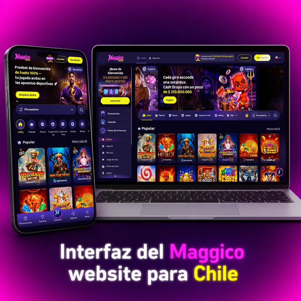 Interfaz de Maggico Chile con menú de deportes, casino, promociones, registro y ajustes de cuenta