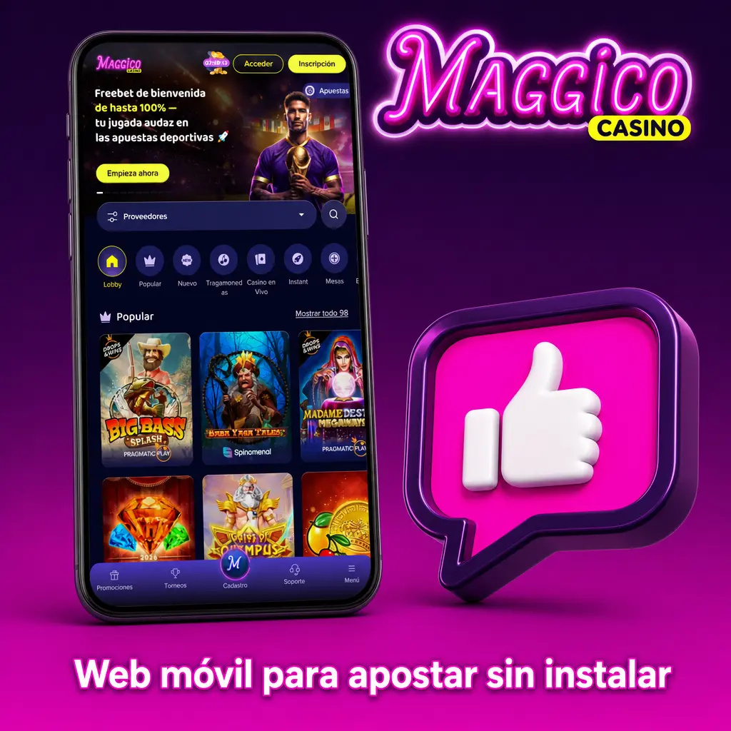 Web móvil de Maggico para apostar sin instalar, con deportes, casino, cajero y cupón táctil en Android e iOS